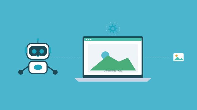 AI robot generating a new image on a laptop with a gear and connections, cyan color scheme