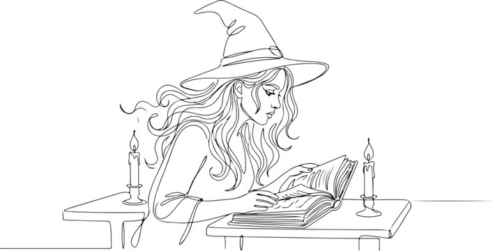 Halloween witch reading spellbook vintage line art for spooky season designs and halloween decorations