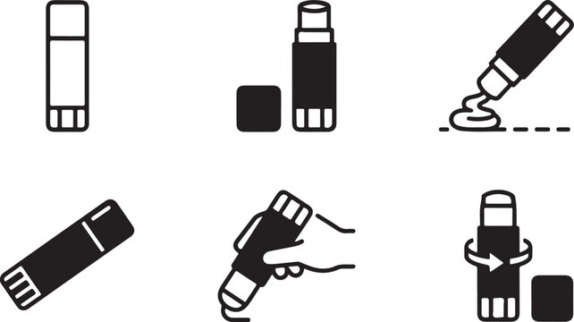 Black marker and glue stick icon set with usage examples Vector