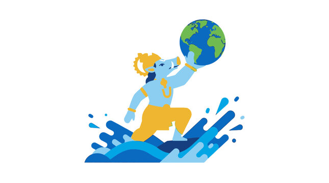 Varaha avatar lifting earth in a hindu cosmology vector