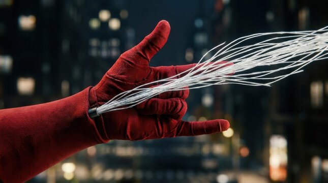 Superhero hand in red glove shooting white web strands, cinematic urban night background, concept for heroic action and fictional character strength