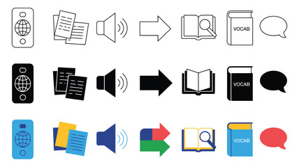 Fototapeta premium Language translation and learning icons featuring multilingual communication symbols in line, glyph, and filled vector styles