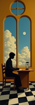 Silhouette at desk before window