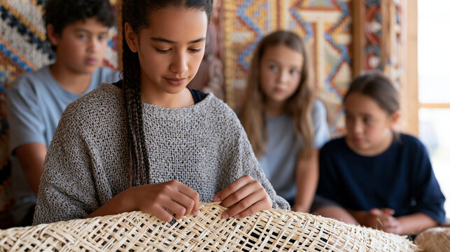 A Maori weaver demonstrates harakeke flax plaiting to schoolchildren in an open-air cultural center, colorful traditional wall panels behind her, children watching her fingers