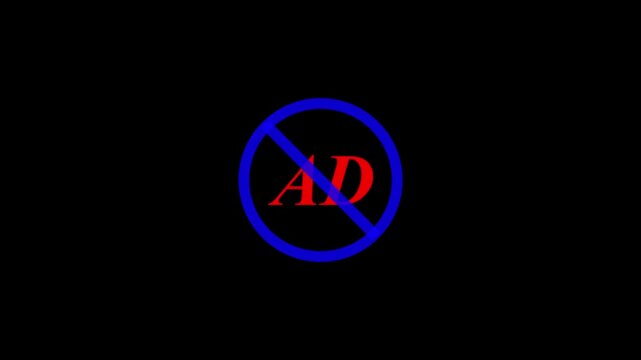 Symbol featuring the letters AD placed inside a blue circle with a diagonal red strike line appears on a dark black background to represent the restriction of promotional activities in this space.