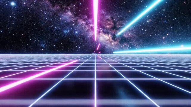 Futuristic synthwave neon grid floor receding into a horizon under a detailed starry galaxy sky with pink and cyan laser beams traveling through space in a retro sci-fi 80s style.