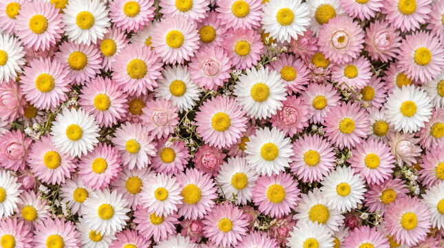 Many beautiful pink and white strawflowers arranged closely together creating a vibrant natural floral pattern