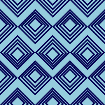 Geometric seamless pattern vector diamond rhombuses stripes and chevron. Ornament navy blue lines on a light blue background. Modern abstract trendy repeating, symmetry stylish decorative design