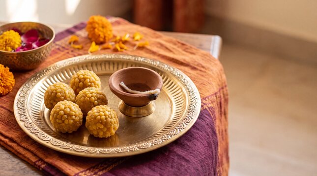 Traditional diwali brass thali with laddu sweets and clay diya oil lamp on draped orange fabric with marigold flowers, indian festival of lights celebration.