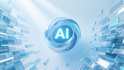 Fototapeta premium Futuristic AI core surrounded by floating digital interfaces and intelligent data flow, idea for artificial intelligence presentation, cloud computing banner, or technology innovation website header