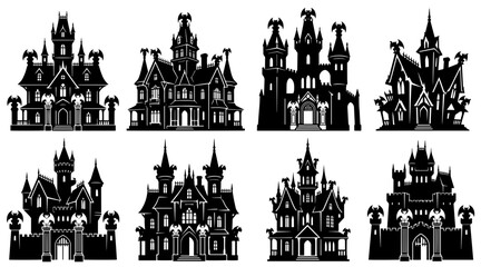Fototapeta premium Haunted house silhouette icon set. Spooky gothic castle collection for Halloween design.