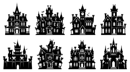 Obraz premium Haunted house silhouette icon set. Spooky mansion vector collection for Halloween design.