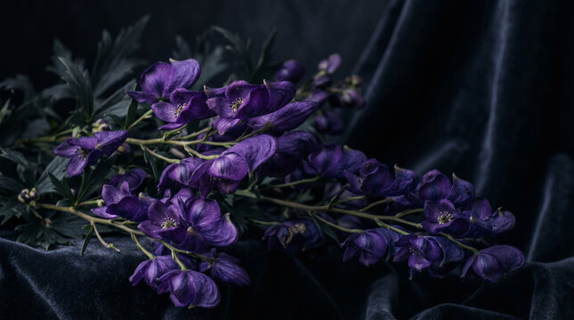 Vibrant purple monkshood flowers resting elegantly on soft dark velvet fabric in a moody artistic style