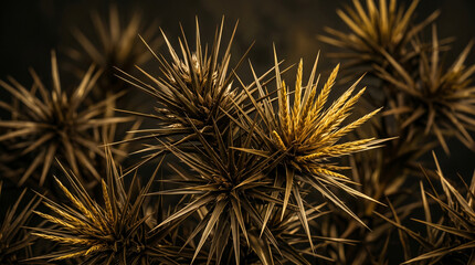 Obraz premium Sharp golden thistle leaves with intricate needle textures captured in a soft dramatic macro lighting style