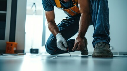 Fototapeta premium Construction worker installing tiles
