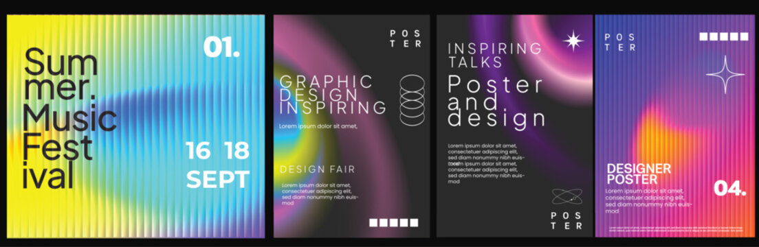 Abstract graphic design posters with gradients, geometric shapes, collage and typography. Futuristic event templates for exhibitions, creative fairs, workshops