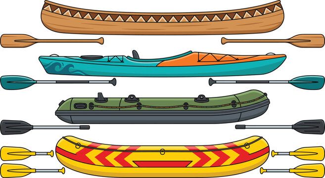 Outdoor adventure boats and paddles vector illustration set featuring a wooden canoe kayak inflatable raft and dinghy isolated on a white background