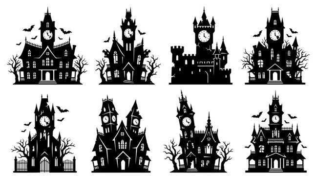 Halloween haunted house silhouettes. Spooky gothic mansions and scary castle vector icons.