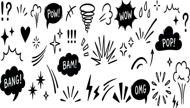 Comprehensive Vector Set of Comic Book Doodle Elements, Hand-Drawn Explosion Bursts, Pop Art Speech Bubbles, Sparkles, and Motion Symbols for Creative Illustrative Projects and Design.