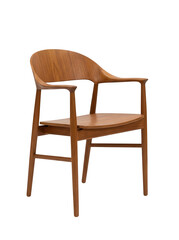 Fototapeta premium Modern wooden dining chair with armrests and curved backrest isolated on transparent background