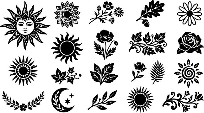 Black and white stencil set of flora and sun elements for creative design
