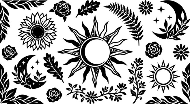 Black and white stencil set of flora and sun elements for creative design
