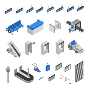 Isometric airport terminal icons set, 3D airport equipment and travel infrastructure elements, blue and grey transportation icons for logistics