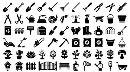 Mega gardening and agriculture solid glyph icon set featuring farming tools lawn mower shovel plants watering can wheelbarrow and backyard landscaping symbols vector illustration © Salma
