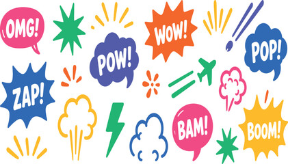 Comic Book Speech Bubbles and Action Phrases Vector Collection with Pop Art Elements Like Wow, Zap, Boom, and Bam. Colorful Cartoon Explosion Graphic Design Set for Creative Projects. © Sadek