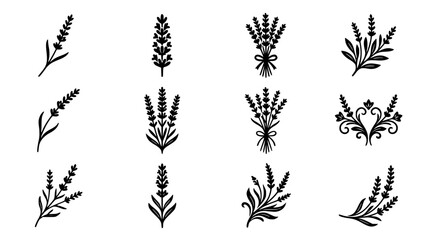 Lavender flower silhouette icon set with organic botanical branches bouquets ornate flourishes and decorative floral design elements black vector illustration © Salma