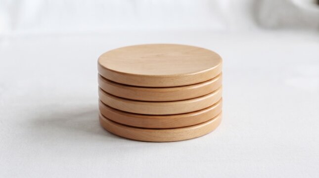 stack of round wooden drink coasters isolated on clean background representing tabletop protection, dining accessories and natural home decor concept
