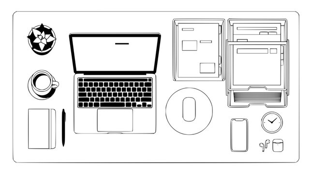 Modern workspace top view flat lay with laptop computer mouse notebook pen folders coffee cup and smartphone line art vector illustration