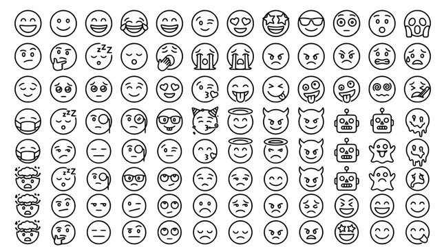 Mega emoji and emoticon face line icon set featuring various expressions happy sad angry surprised crying laughing and avatar chat characters outline vector illustration