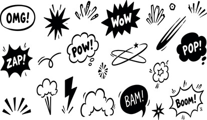 Retro Comic Sound Effects and Explosion Bubbles Collection - Vector Hand-Drawn Doodle Elements Including Zap, Wow, OMG, and Boom for Creative Comic Art and Social Media Designs © Sadek