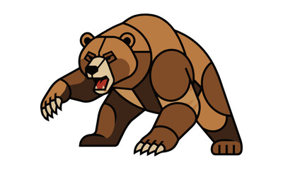 Obraz premium Dynamic geometric grizzly bear in a charging pose, constructed with flat earthy brown color blocks on a white background. Wildlife power concept