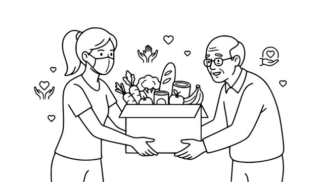 Female volunteer in face mask delivering charity food donation box with fresh groceries to an elderly senior man minimal line art vector illustration