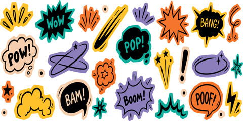 Colorful Retro Comic Book Speech Bubbles and Sound Effects Vector Set with Explosions, Clouds, and Dynamic Onomatopoeia Text like POW, BANG, BOOM for Graphic Design and Pop Art Projects. © Sadek