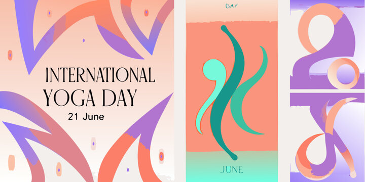 international yoga day poster with abstract fluid shapes june event fitness health wellness balance mindfulness spirituality modern gradient colorful graphic design illustration artwork