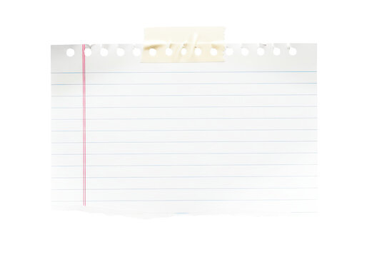 Torn sheet of lined paper, white paper with red margin line and punched holes, held by adhesive tape, isolated on transparent background.