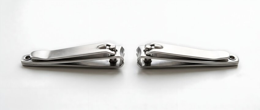 Two stainless steel nail clippers lying horizontally on a white background