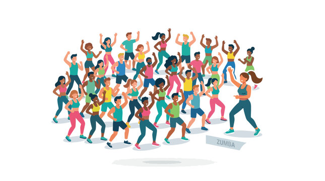 Diverse group of people dancing energetically in a Zumba fitness class led by an instructor.