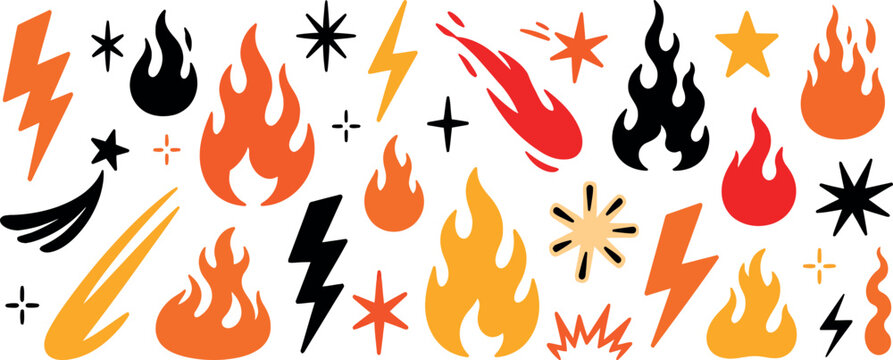 Retro Y2K Aesthetic Vector Fire and Lightning Elements Set: Hand-Drawn Doodle Flames, Sparkles, Stars, and Comet Icons for Streetwear, Sticker Design, and Pop Art Graphics Illustration