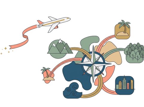 Travel and tourism concept map illustration with airplane icons