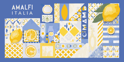 amalfi italia collage with lemons and geometric patterns yellow blue citrus fruit design illustration vector graphic artwork culture travel vacation summer holiday coastal © Nikhil