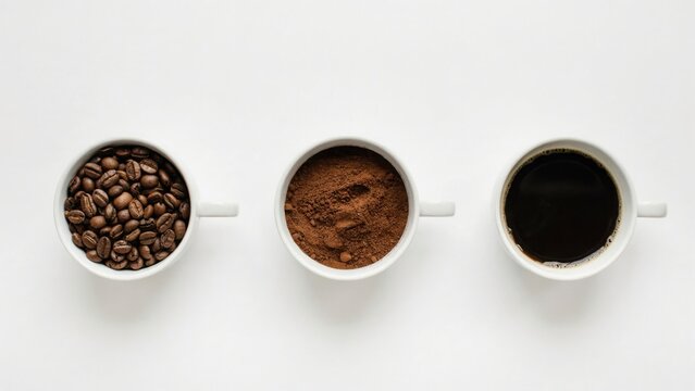 Roasted coffee beans, ground powder and black espresso in white cups. Evolution of coffee preparation stages. Minimalist flat lay of caffeine beverage ingredients.