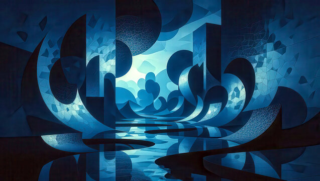 Surreal blue space with many shapes