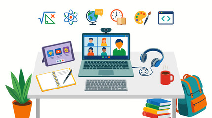 Fototapeta premium Flat illustration of a digital learning workspace for students with laptop, tablet, books, and educational icons for online courses