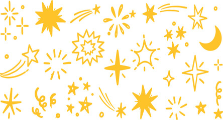 Yellow Hand-Drawn Stars and Sparkles Vector Set - Whimsical Doodle Celestial Elements with Shooting Stars and Crescent Moon for Decorative Night Sky Illustrations and Festive Design Art © Sadek