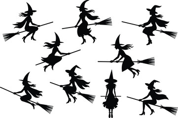 Fototapeta premium Flying witch silhouettes set on broomsticks, Halloween fantasy characters isolated on light background, spooky magic and fairytale concept vector illustration