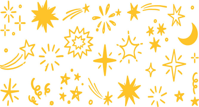 Yellow Hand-Drawn Stars and Sparkles Vector Set - Whimsical Doodle Celestial Elements with Shooting Stars and Crescent Moon for Decorative Night Sky Illustrations and Festive Design Art